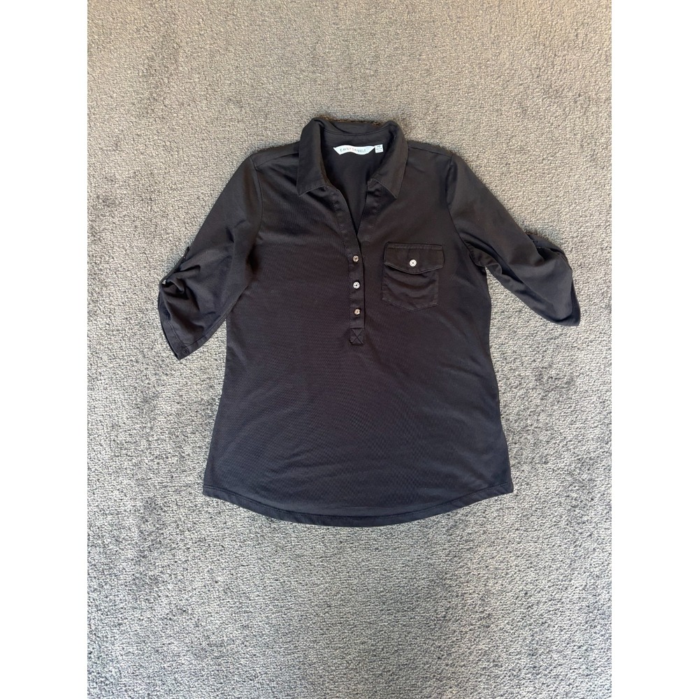 Emily Daniels Shirt Women's Small Petites Black Cotton Roll-Tab Sleeve Button-Up